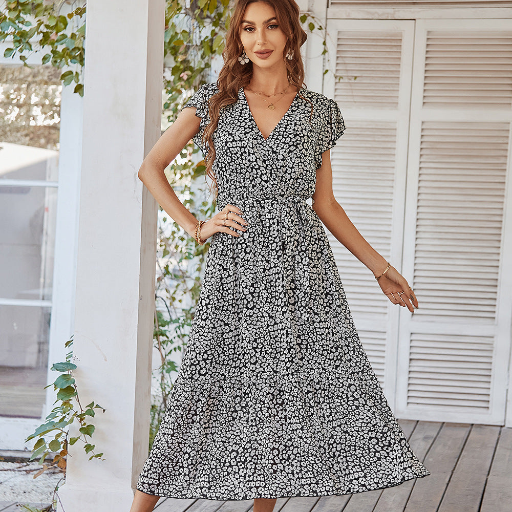 Ruffle Sleeve V Neck Boho Floral Summer Dress