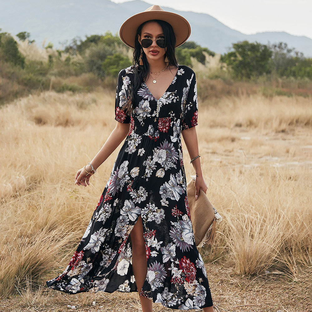 Floral Summer V Neck Elastic Waist Beach Dress