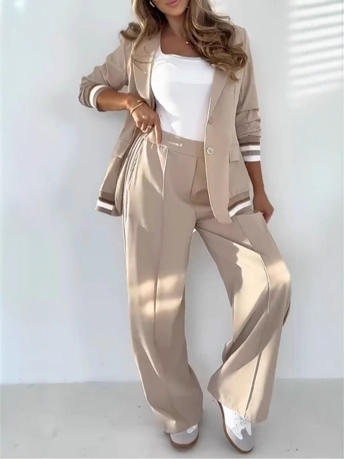 Lapel Women's Suit with Wide Leg High Waist Trousers