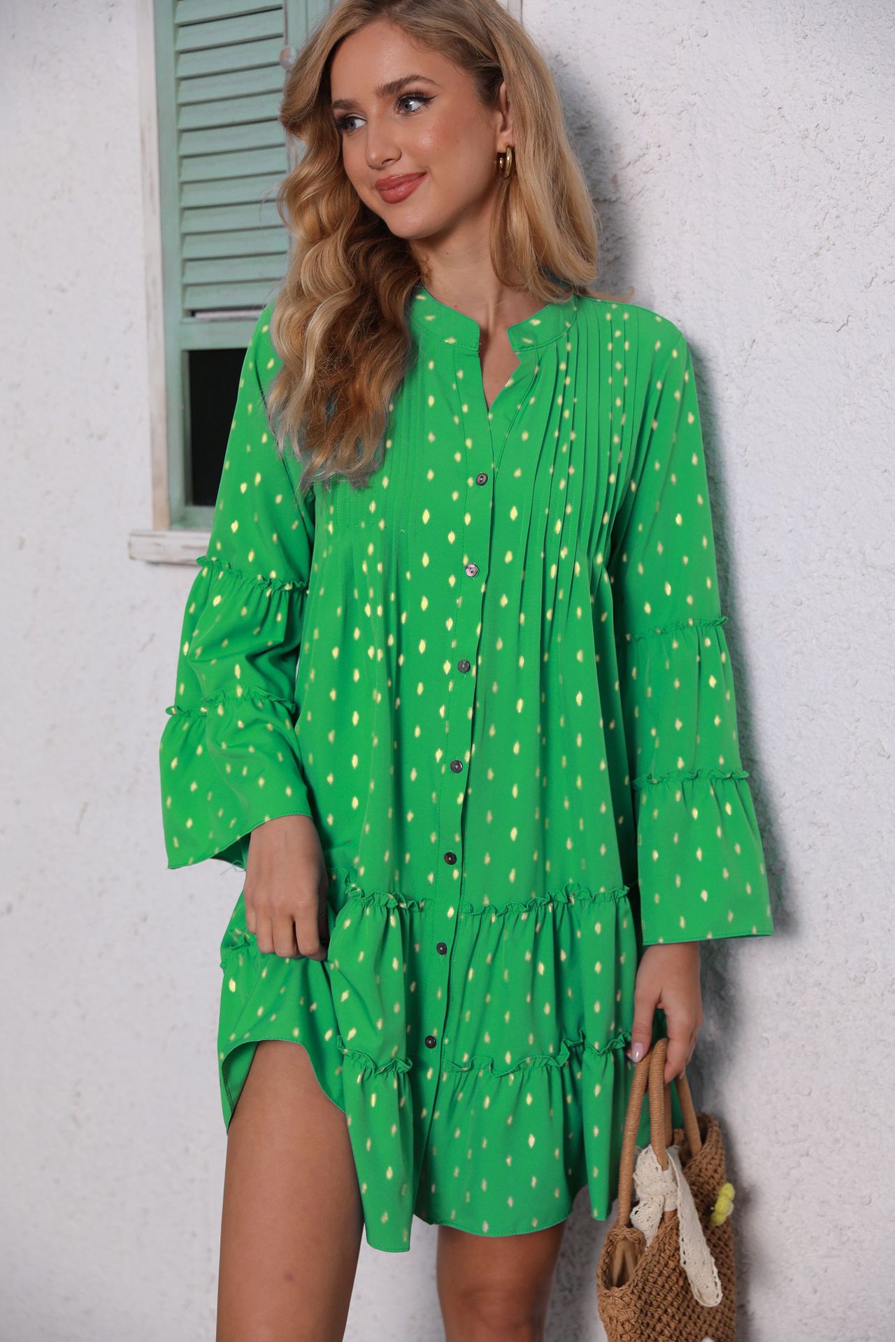 Pleated Loose & Flared Long Sleeve Summer Button Design Dress