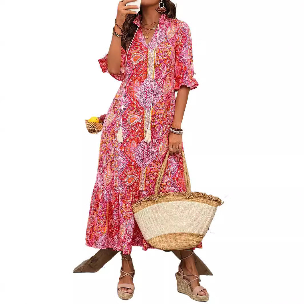 New Printed Lace-up Mid-sleeve Ruffled Dress
