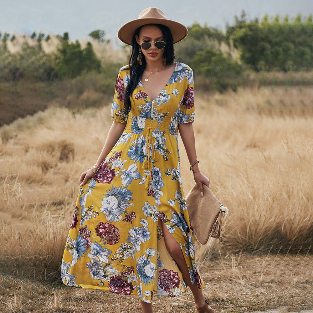 Floral Summer V Neck Elastic Waist Beach Dress