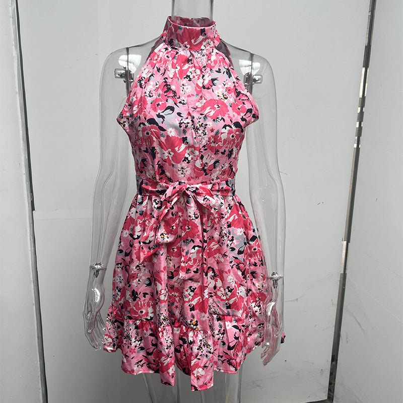 Flower Print Halter-neck Dress Summer Lace-up Ruffled Dress