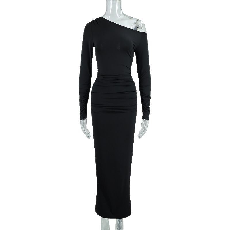 Elegant Off-shoulder Long-sleeve Pleated Maxi Dress