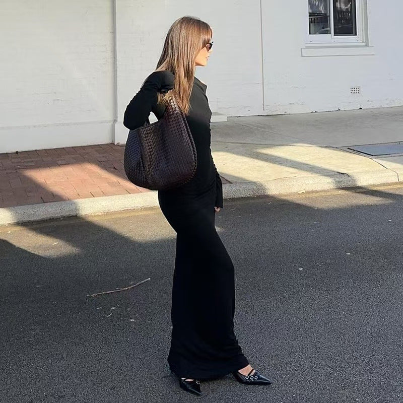 Elegant Off-shoulder Long-sleeve Pleated Maxi Dress