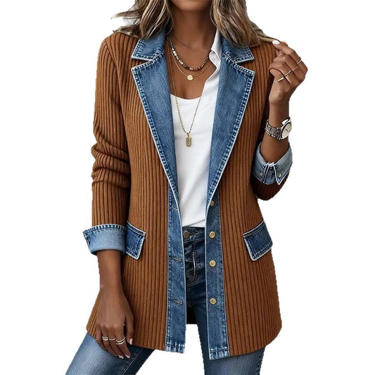 Casual Ribbed Lapel Denim Patchwork Jacket