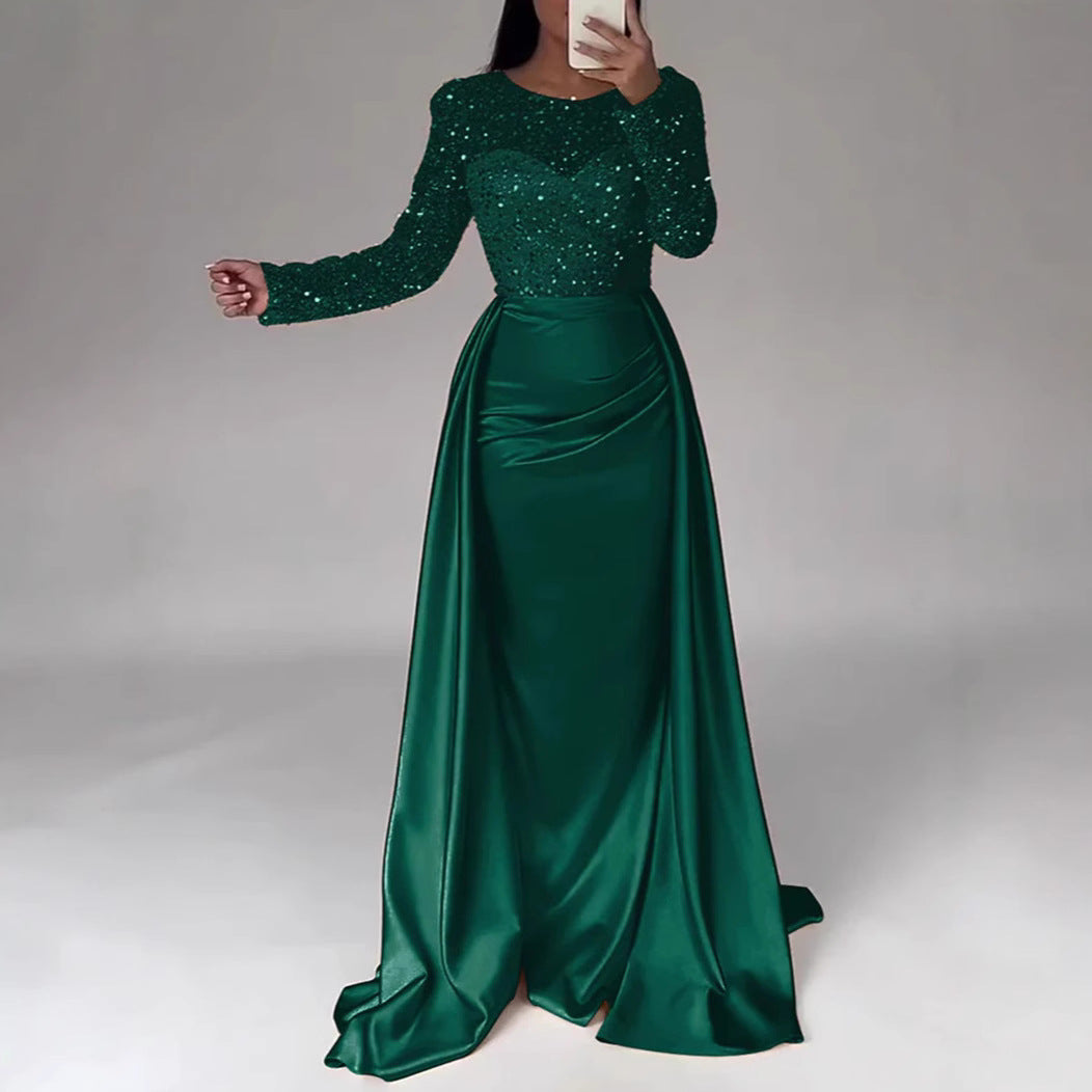 Dazzling Queen Sequin Evening Gowns in elegant green fabric with sequins and long sleeves.