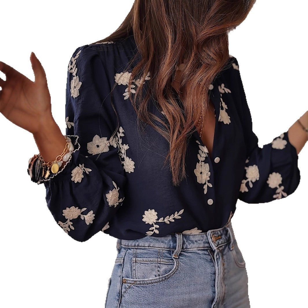 Long-sleeved Western-style Chiffon Blouse With Embroidery