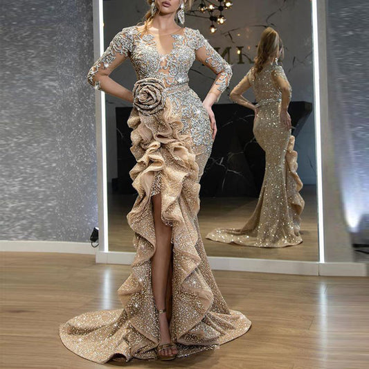 Stunning Sexy Gold Sprinkle Trailing Party Dress