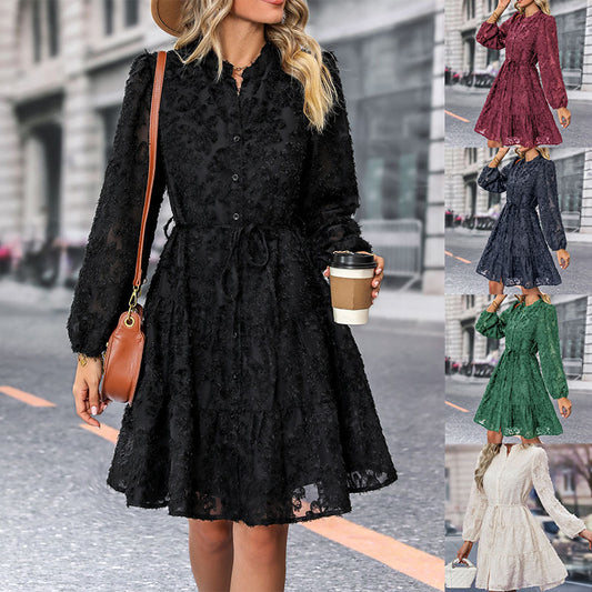 Classy Lace Tied Long Sleeve Medium Length  Dress