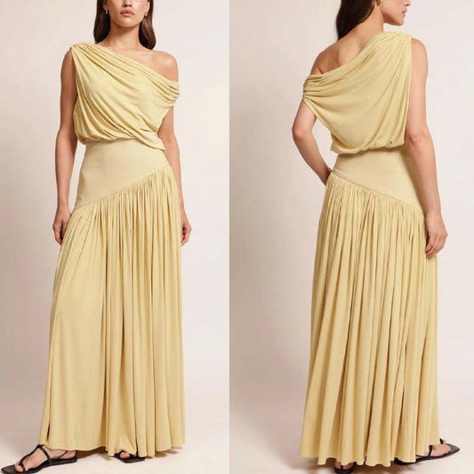 Asymmetrical Neck Off The Shoulder Waist Cinched Long Solid Color Dress