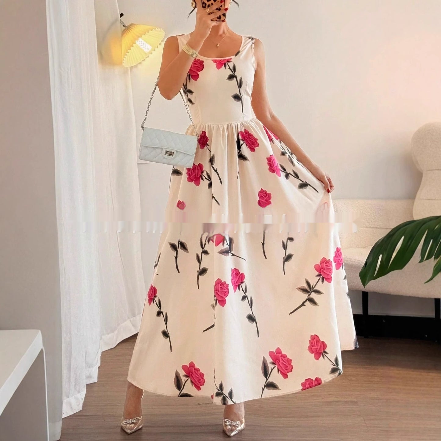 Cool Floral Print Square-Neck Sleeveless Elegant Dress