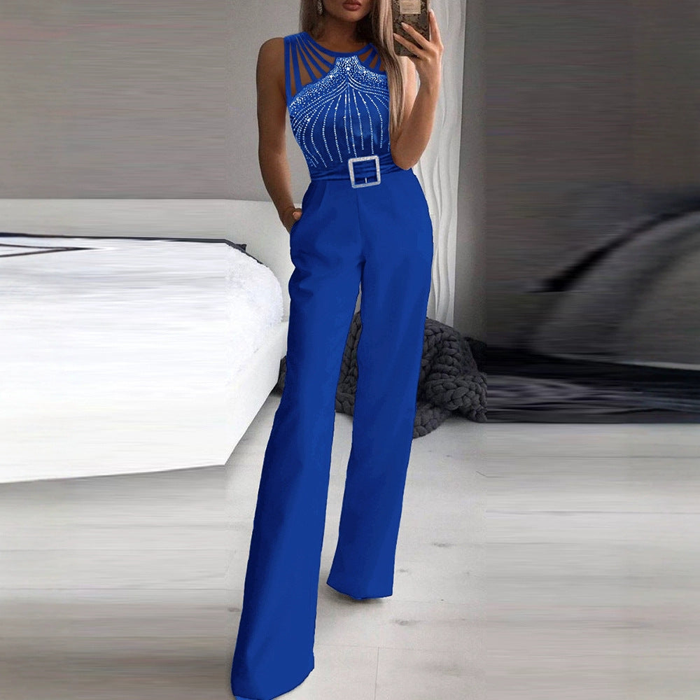 Sexy Rhinestone-embellished Strapless Sleeveless Waist defining Jumpsuit