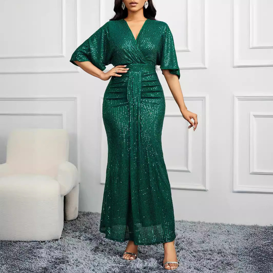 Formal High Waist V-neck Pure Sequins Shoulder Sleeve Dress