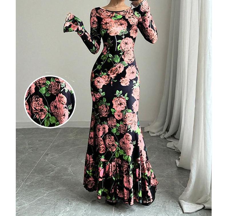Elegant Slim-fit Round Neck Rose Floral Flared Sleeve Bodycon Dress
