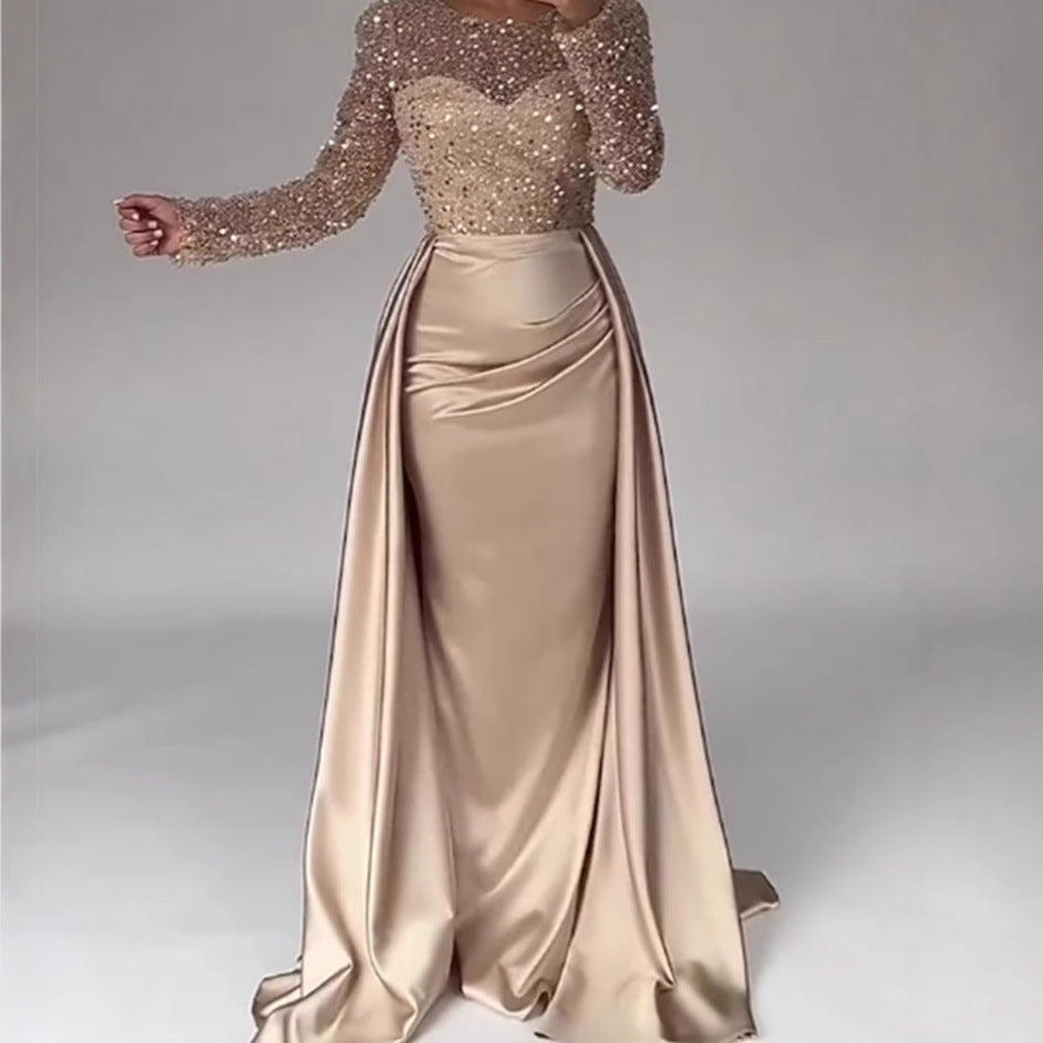 Dazzling Queen Sequin Evening Gowns featuring a beaded bodice and elegant flared hem maxi skirt.