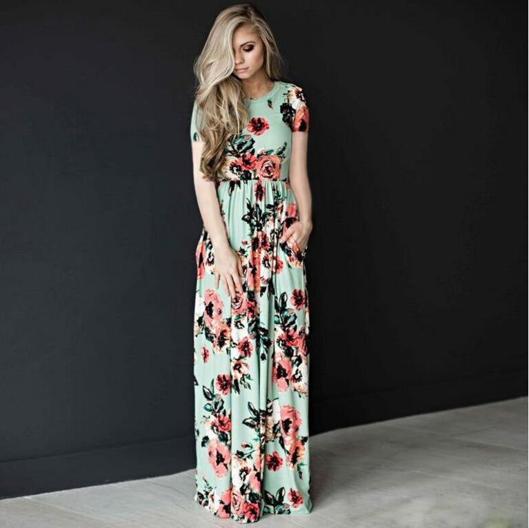 Women's Casual Flower Printed Maxi Dress