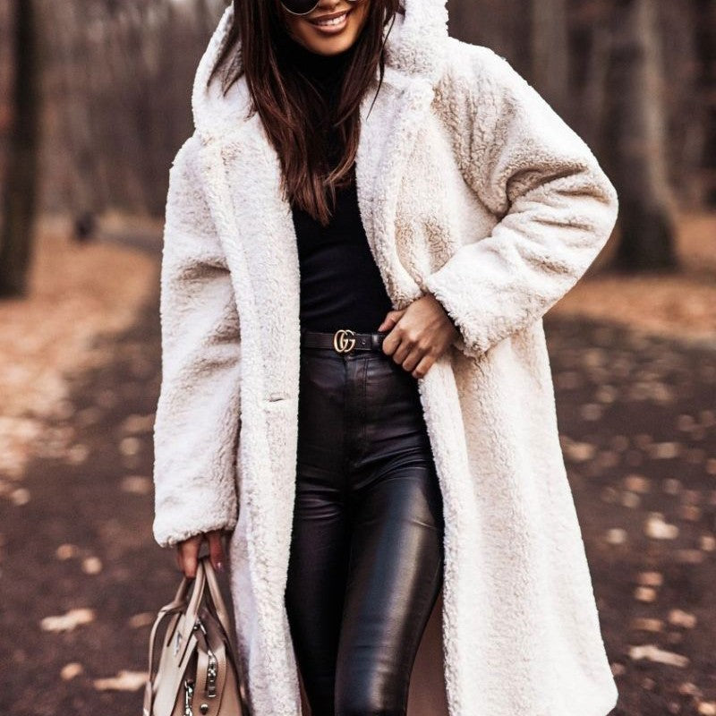 Elegant Plush Autumn Winter Long Coat with Hood