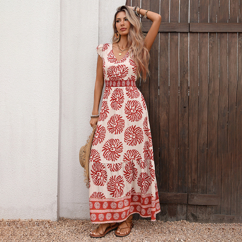 Trendy Summer Fit-and-Flare Long V-Neck Print Dress