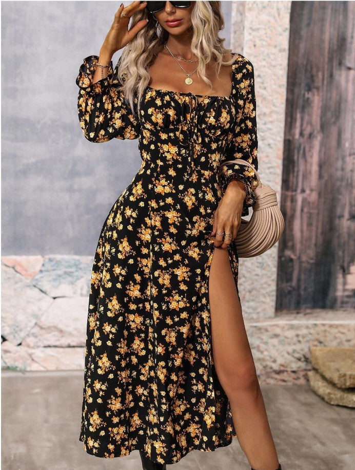 Trendy Long Sleeve Square-neck Bottom Slit Dresses