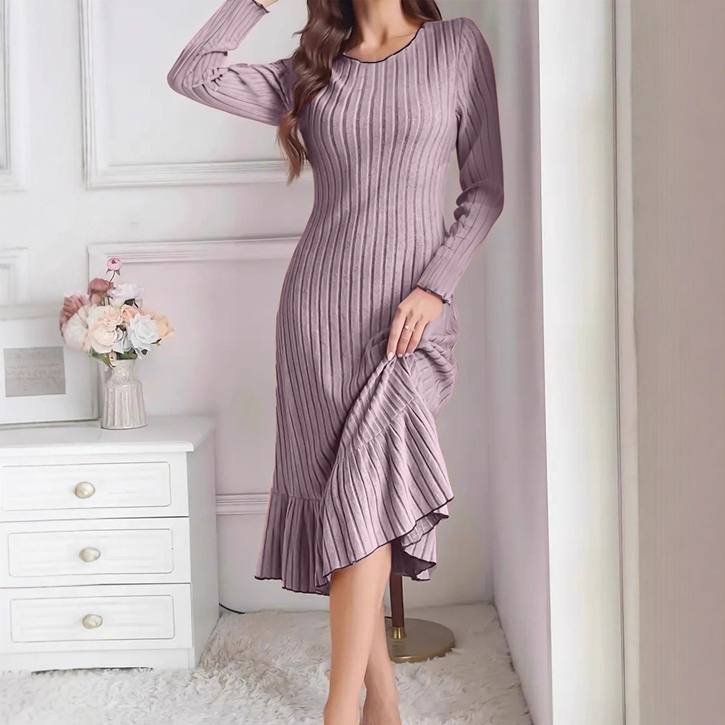 Comfy Solid Color Ruffle Sleeve Long Dress