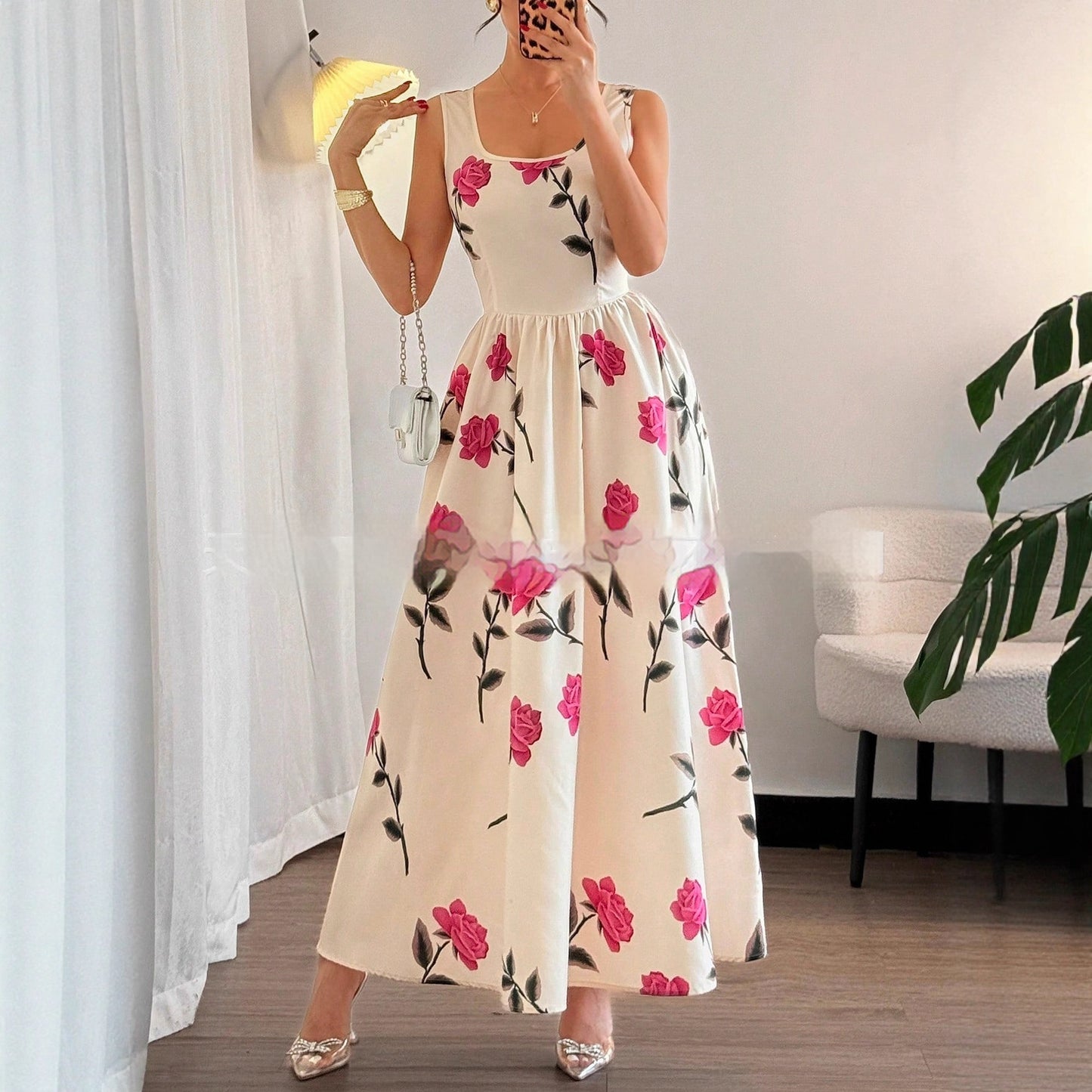 Cool Floral Print Square-Neck Sleeveless Elegant Dress
