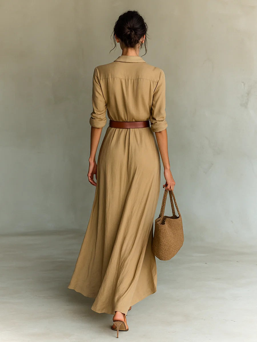 Elegant Button Lapel Out and About Long-sleeved Shirt Dress