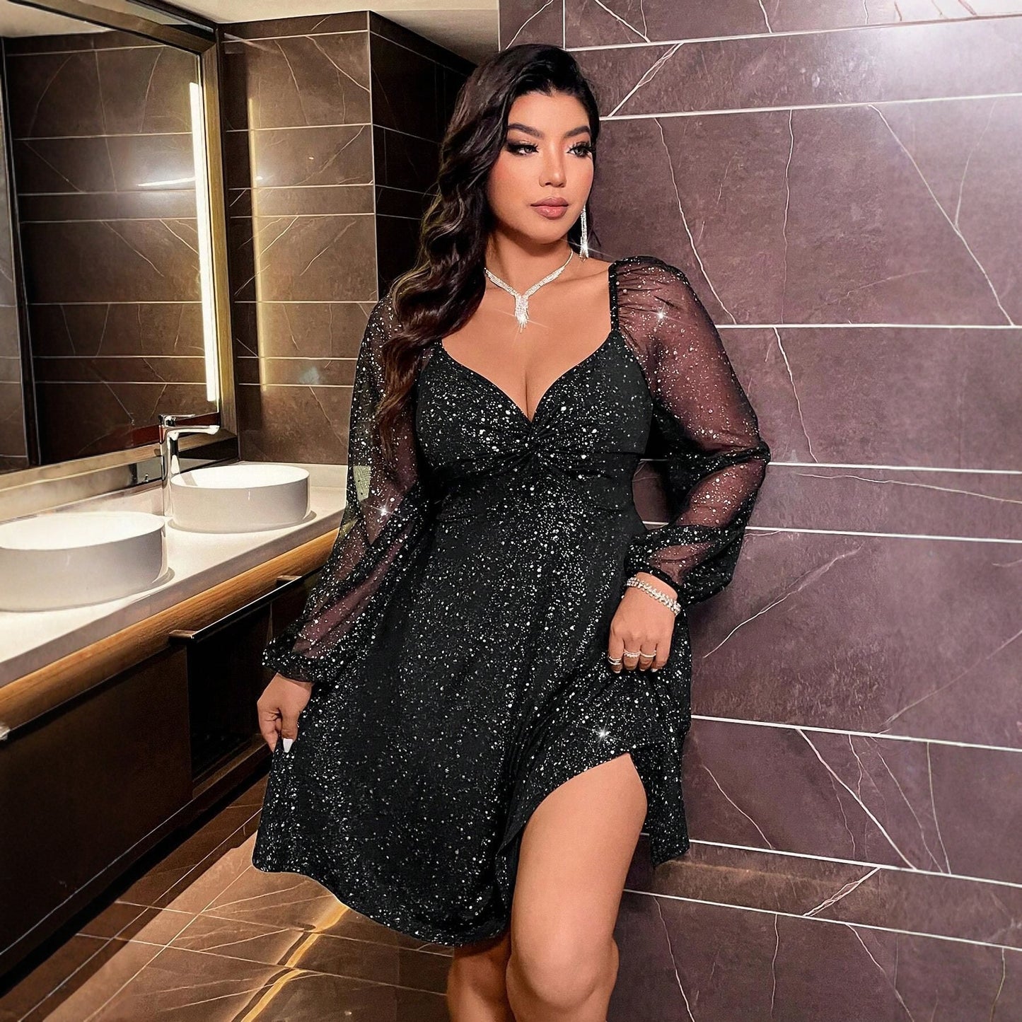 Sparkly Detailed Solid-Color Mesh Dress