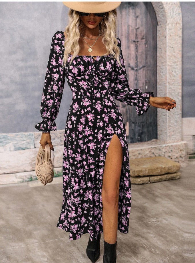 Trendy Long Sleeve Square-neck Bottom Slit Dresses