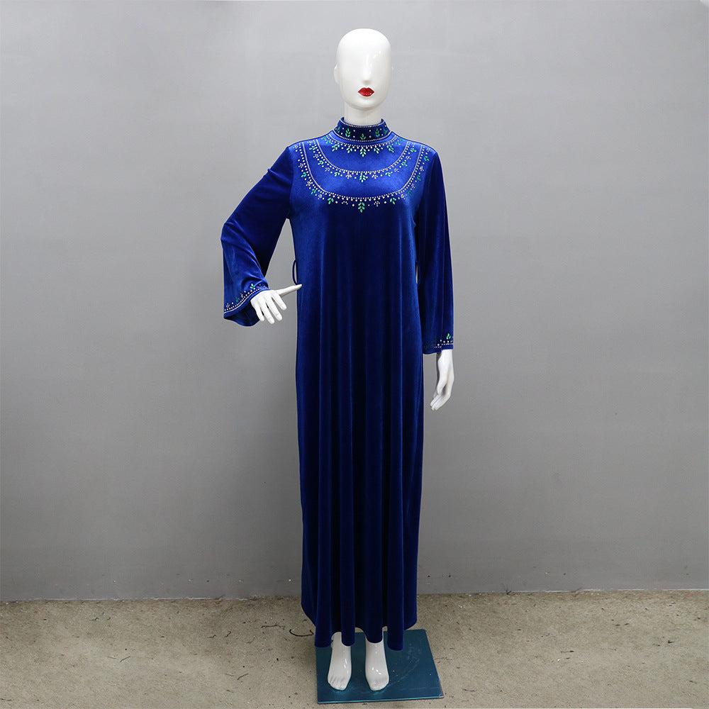 Velvet Zipper Drop-shaped Diamond Middle Eastern Dress