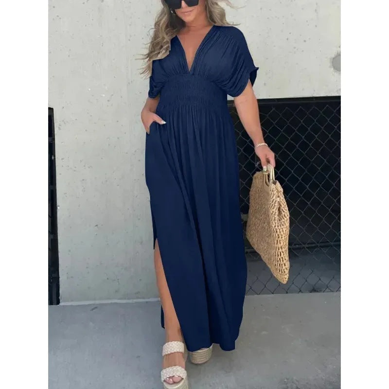 Trendy Bat-sleeved V-neck Slit Dress Summer Short Sleeve Elastic Waist Long Dresses