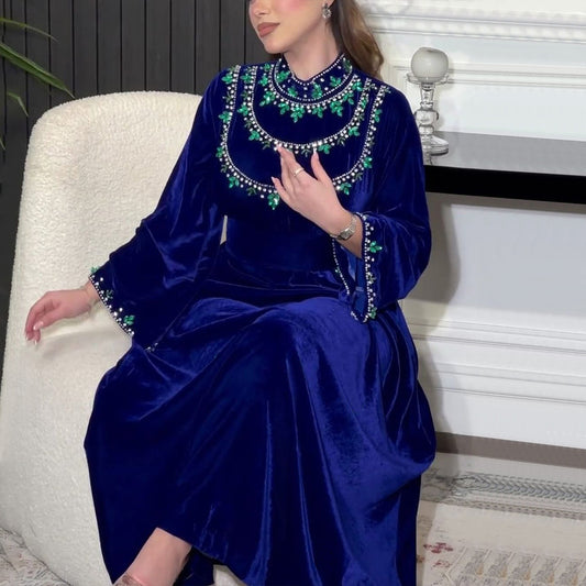 Velvet Zipper Drop-shaped Diamond Middle Eastern Dress