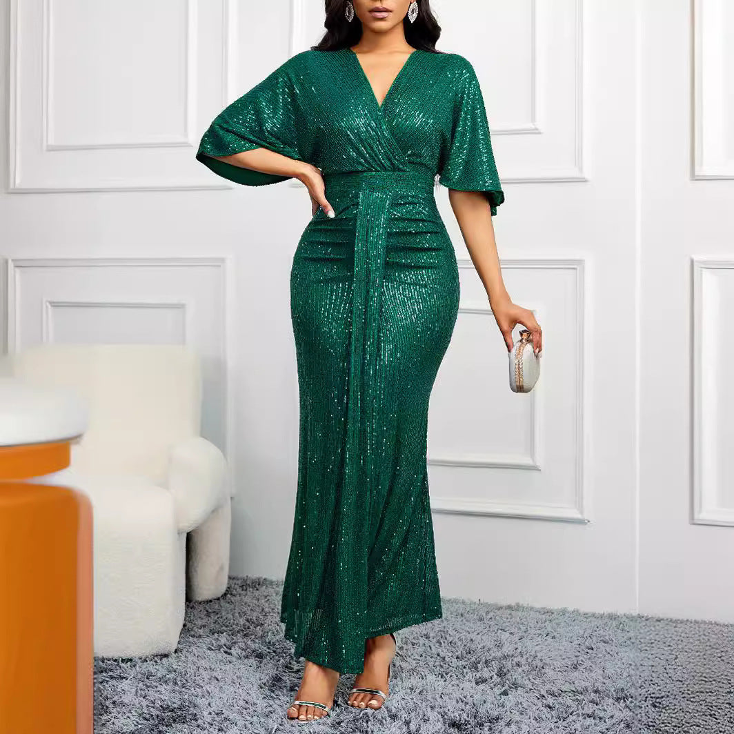 Formal High Waist V-neck Pure Sequins Shoulder Sleeve Dress