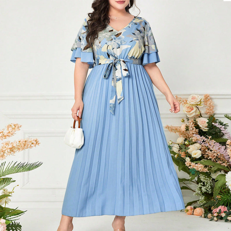 Summer V-neck Spliced Slim-fit Ladies Dress