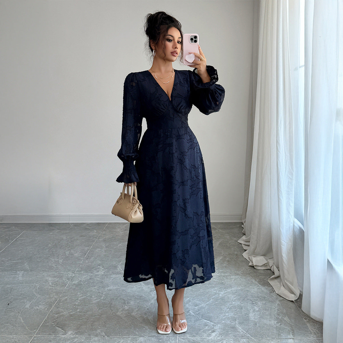 Elegantly Styled Deep V Lace Long Sleeve Dress