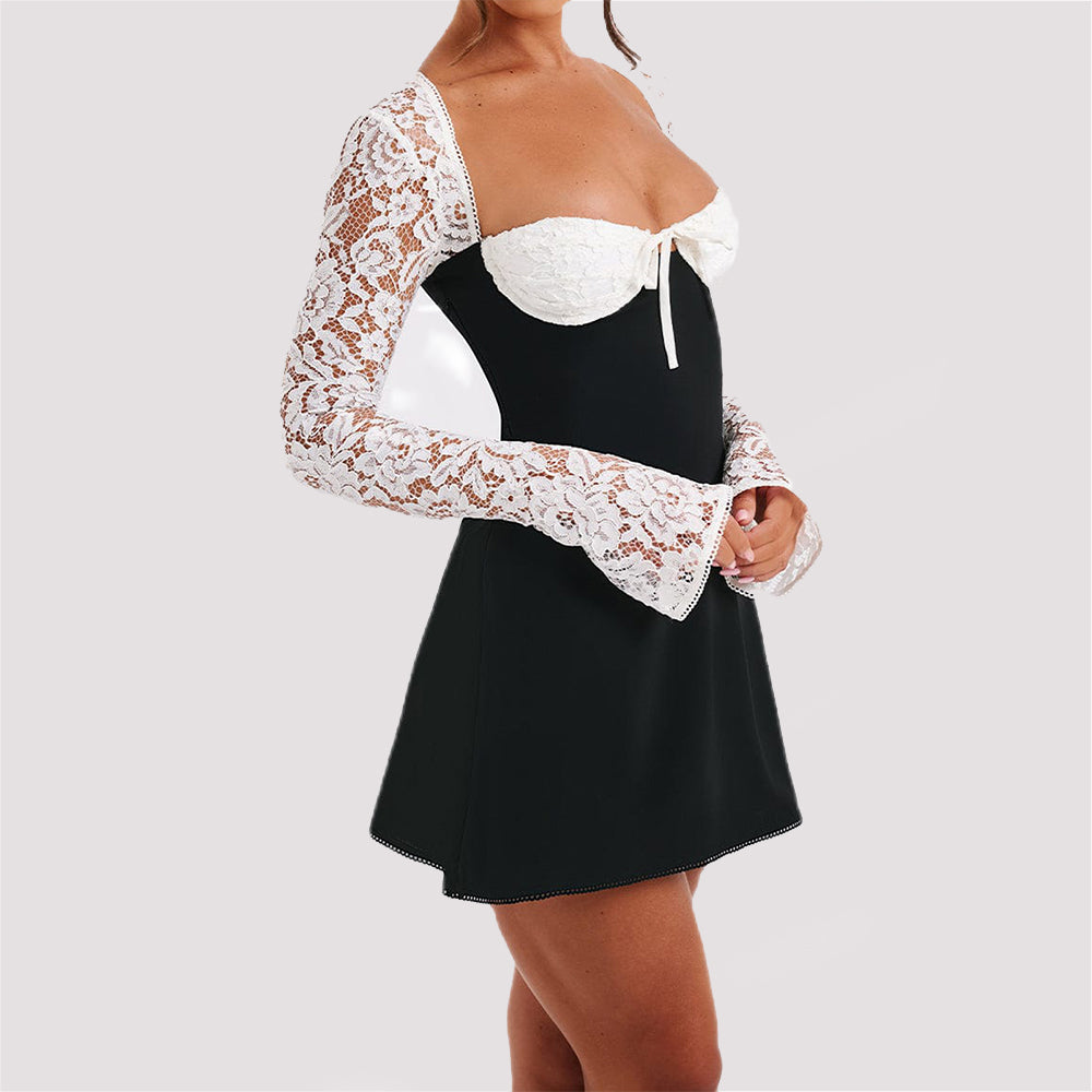 Y2K era Lace Long Sleeve Dress with Sexy Backless Lace Up Corset