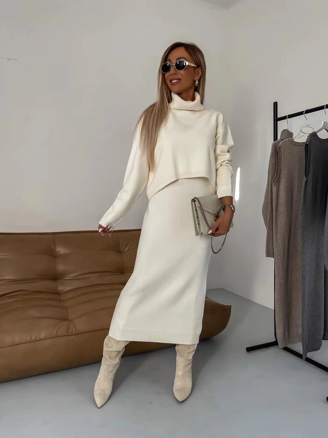 Two Piece Turtleneck Sweater Winter Suit with Dress