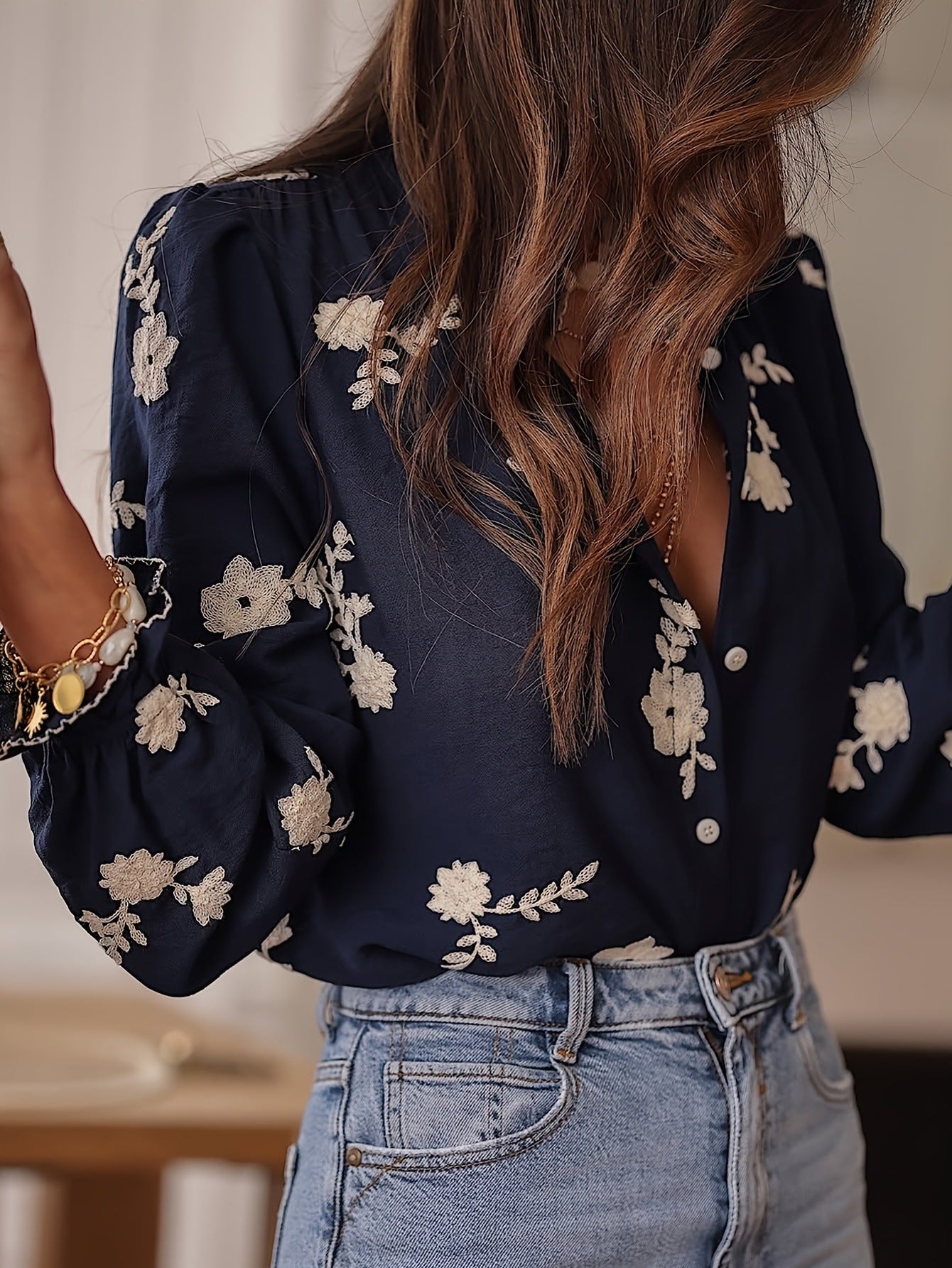 Long-sleeved Western-style Chiffon Blouse With Embroidery