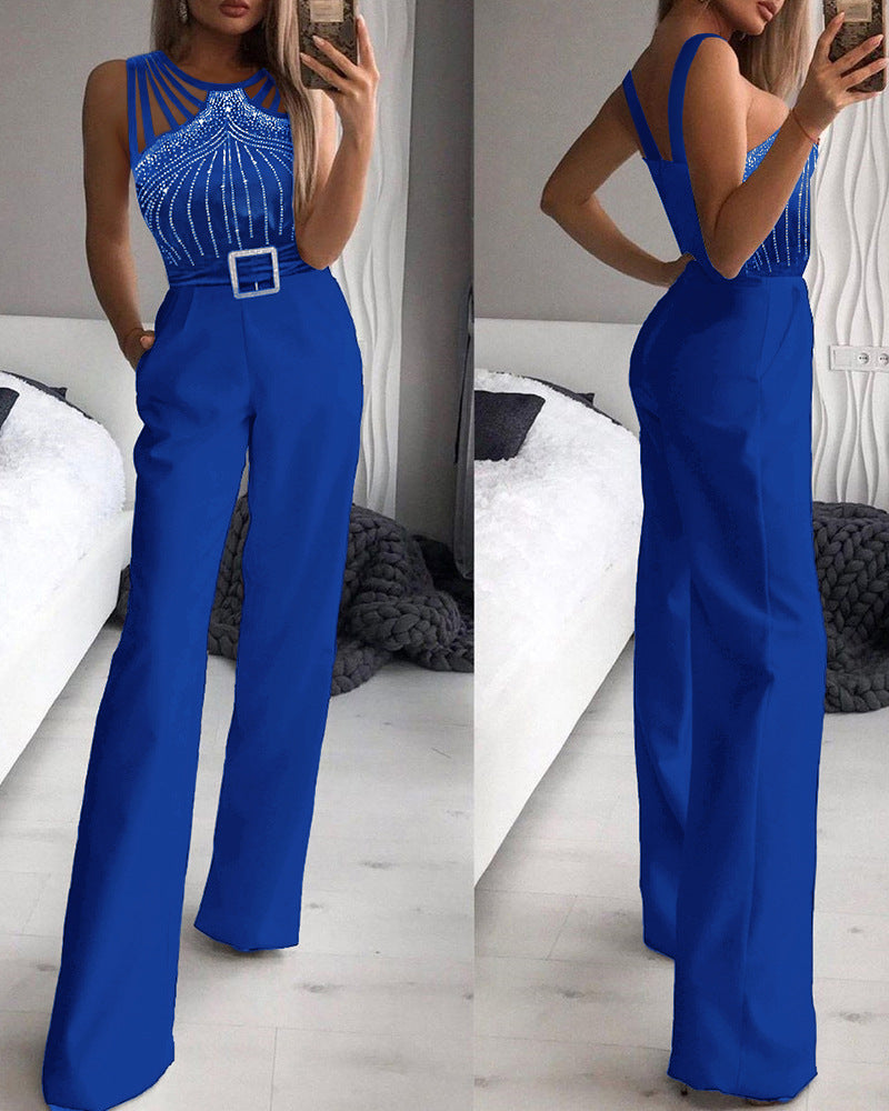 Sexy Rhinestone-embellished Strapless Sleeveless Waist defining Jumpsuit