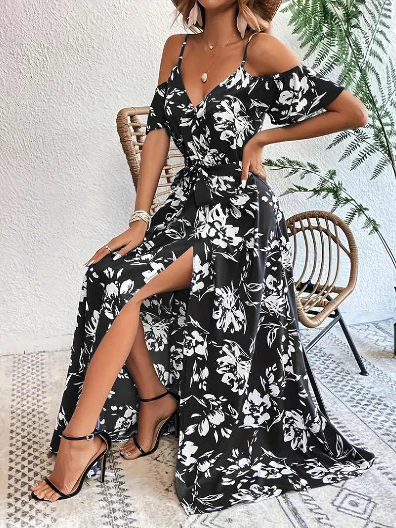 Summer Off-Shoulder Split Floral Print Long Dress With Belt Design