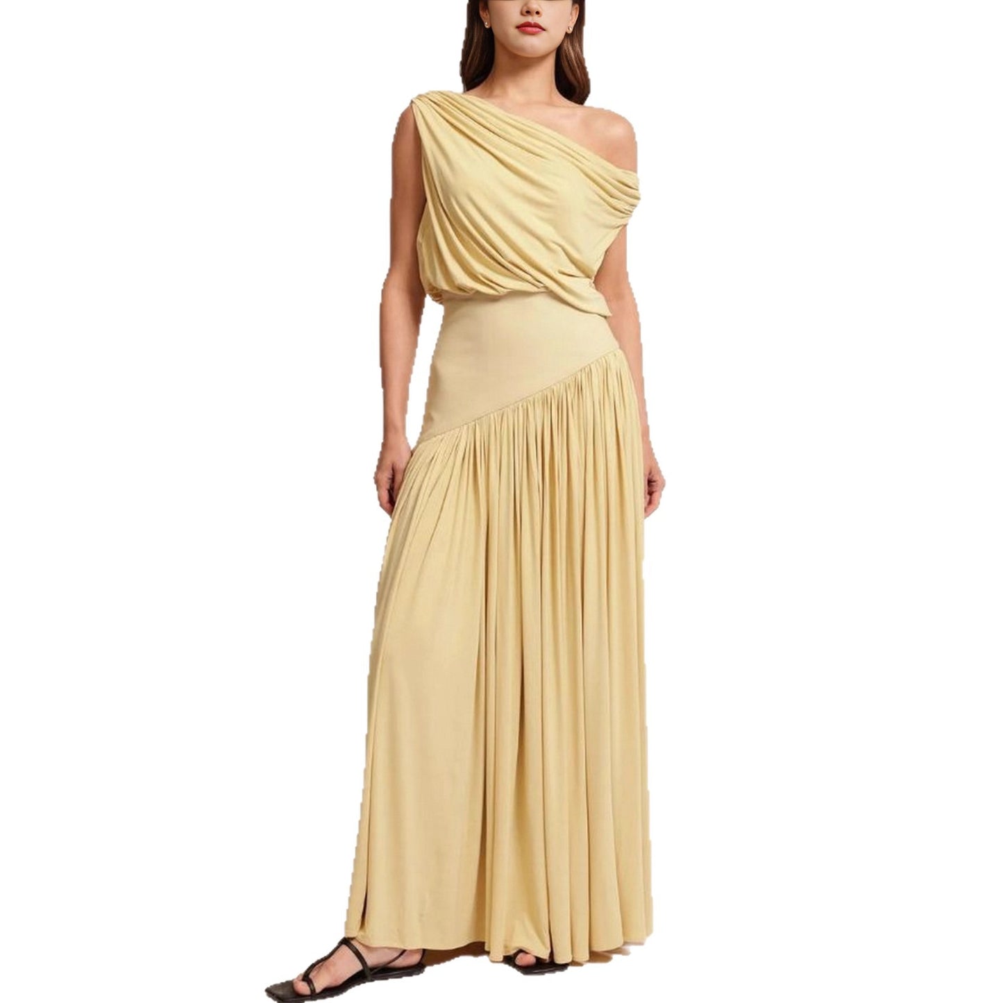 Asymmetrical Neck Off The Shoulder Waist Cinched Long Solid Color Dress