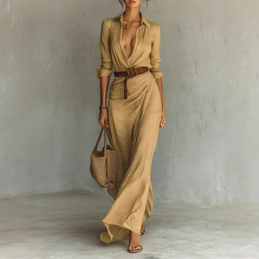 Elegant Button Lapel Out and About Long-sleeved Shirt Dress