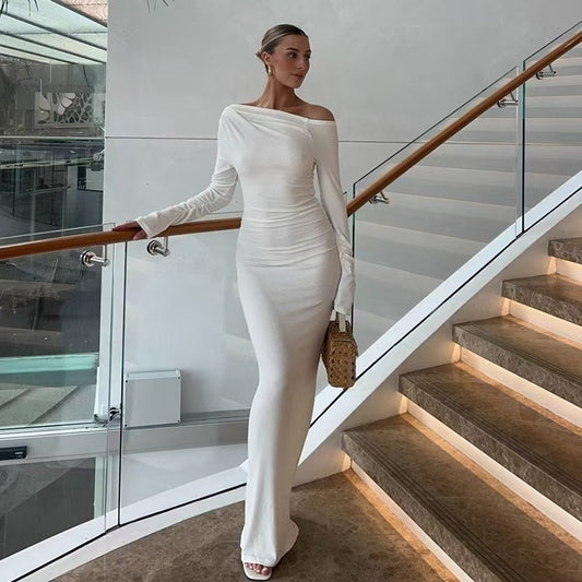 Elegant Off-shoulder Long-sleeve Pleated Maxi Dress