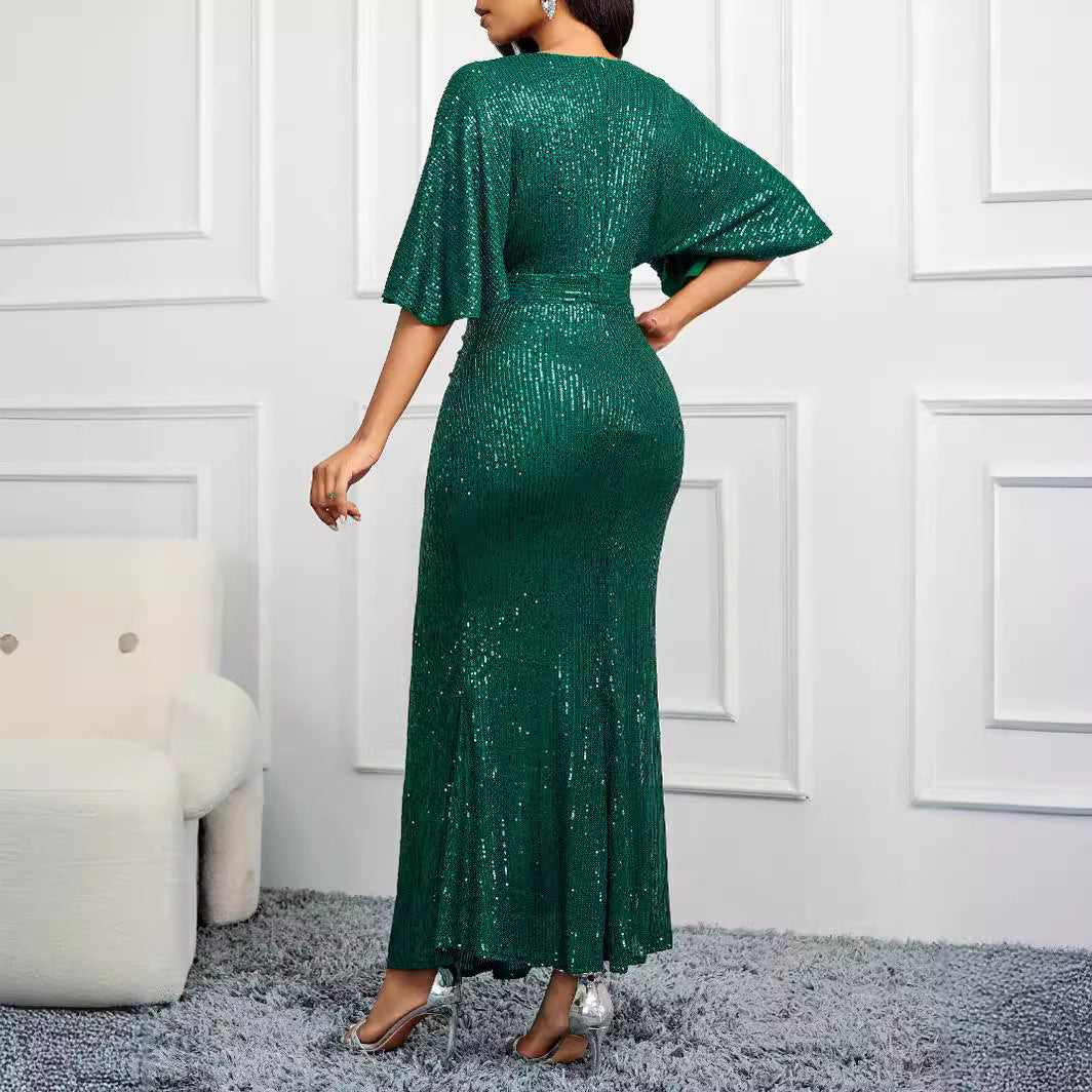 Formal High Waist V-neck Pure Sequins Shoulder Sleeve Dress