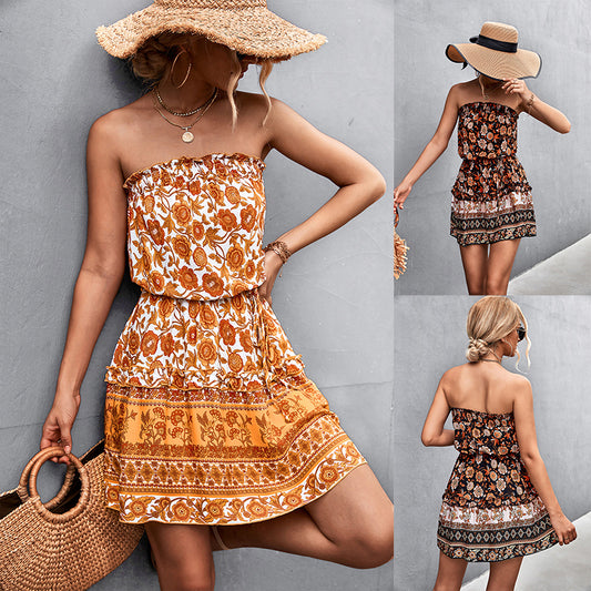 Women's Bohemian Summer Floral Print Strapless Dress