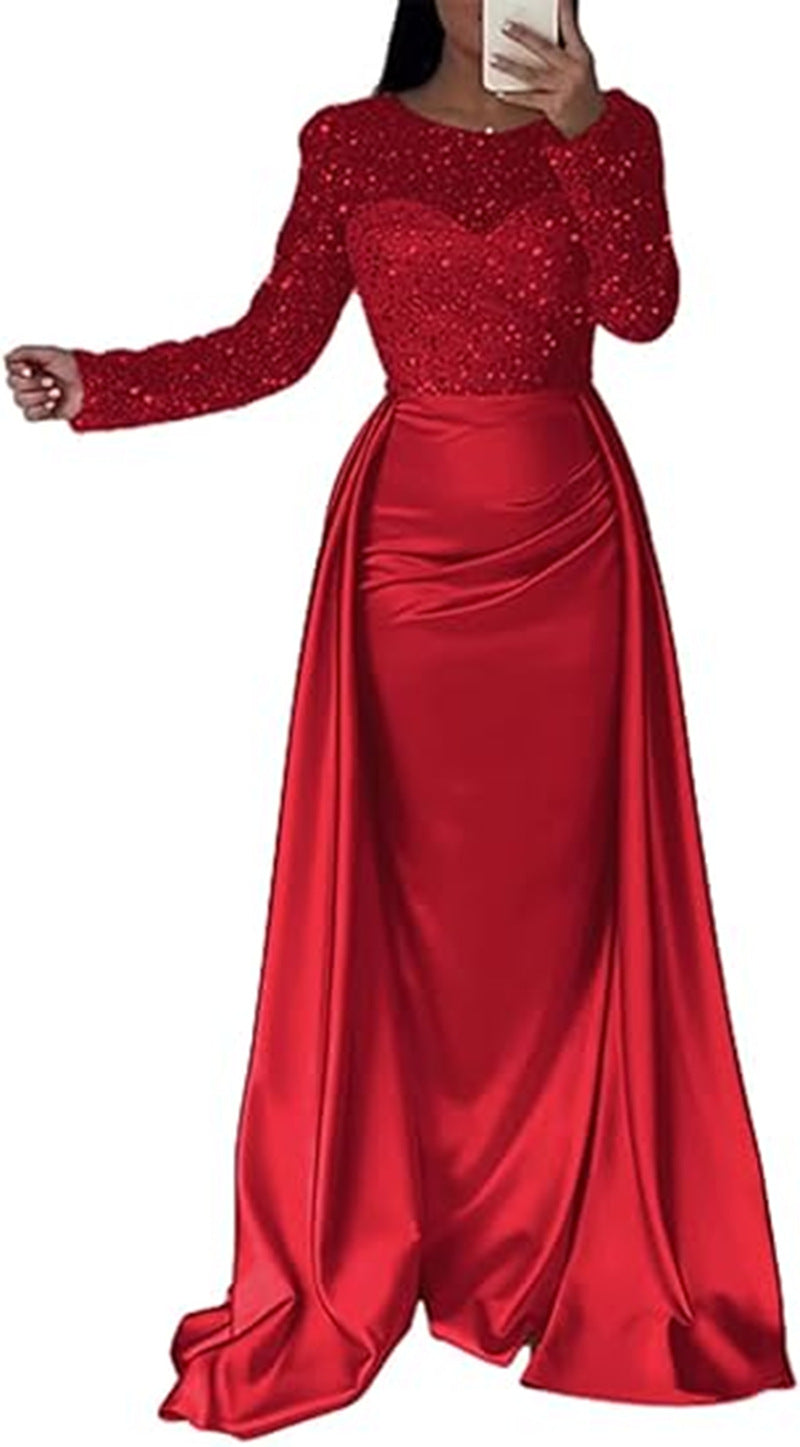 Dazzling Queen Sequin Evening Gowns in red with long sleeves and beaded detail, perfect for elegant occasions.
