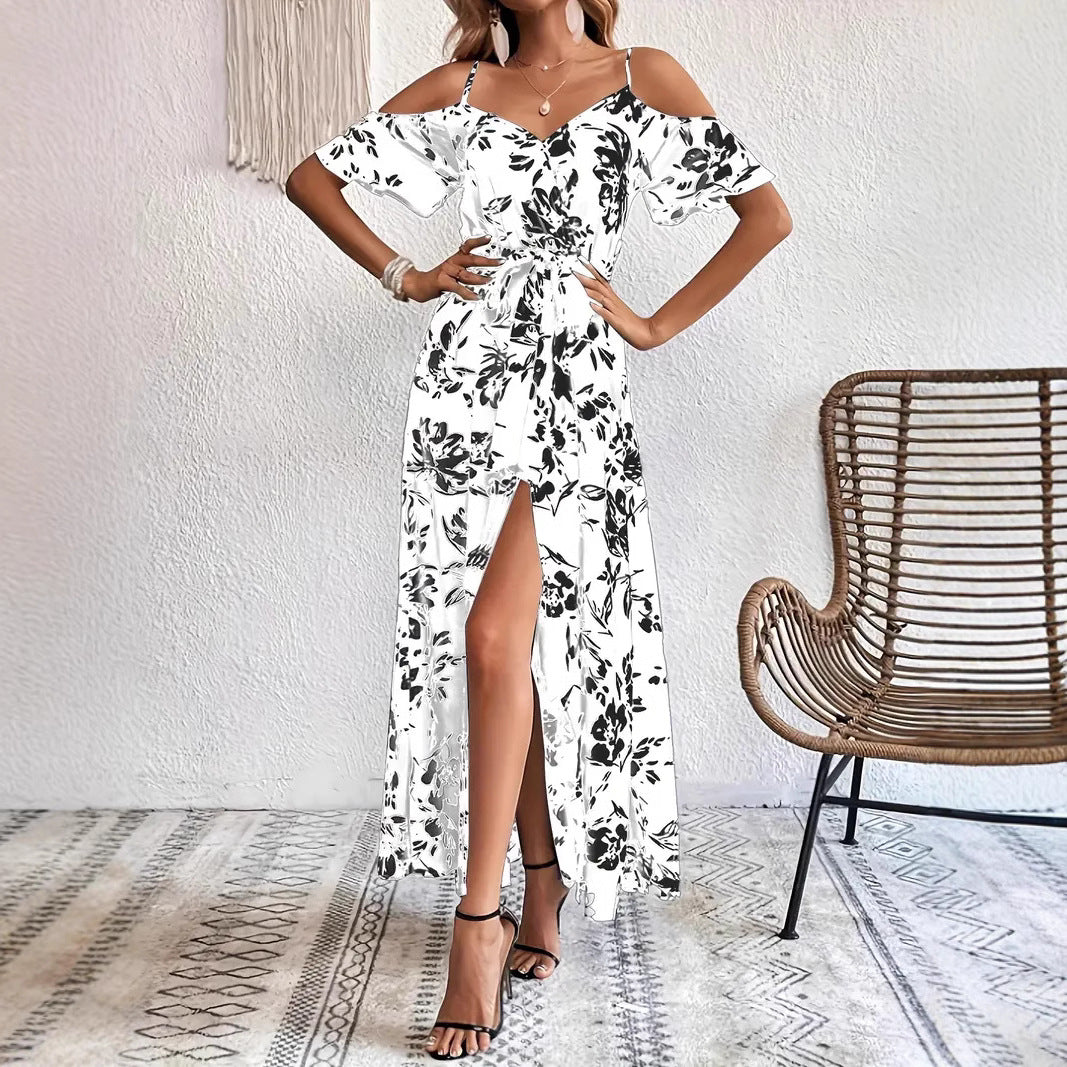 Summer Off-Shoulder Split Floral Print Long Dress With Belt Design