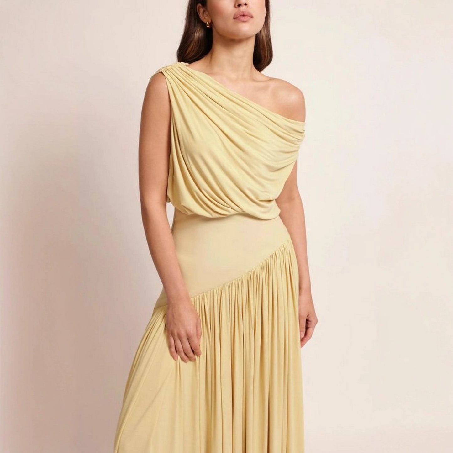 Asymmetrical Neck Off The Shoulder Waist Cinched Long Solid Color Dress