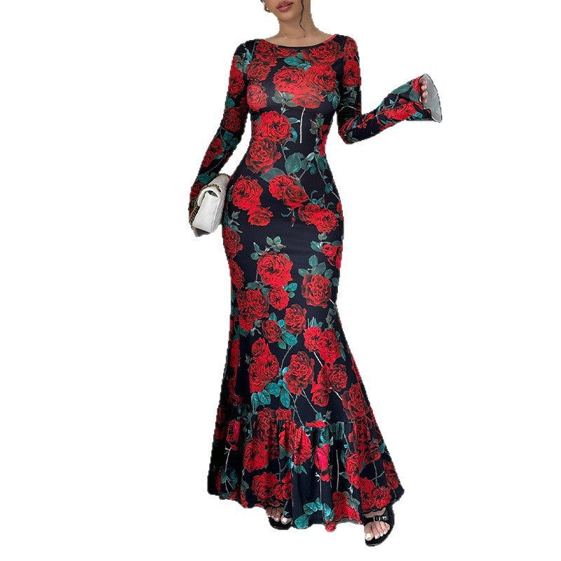 Elegant Slim-fit Round Neck Rose Floral Flared Sleeve Bodycon Dress