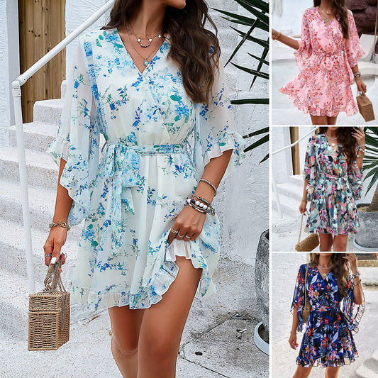 Summer Floral Print Short Sleeves Dress Lace Up Ruffles V-neck Short Dresses